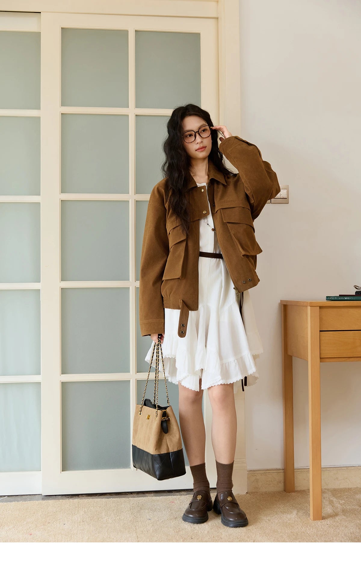 MISHOW Suede Retro Brown Jacket Pocket Zipper Loose Lapel MXE46W0866