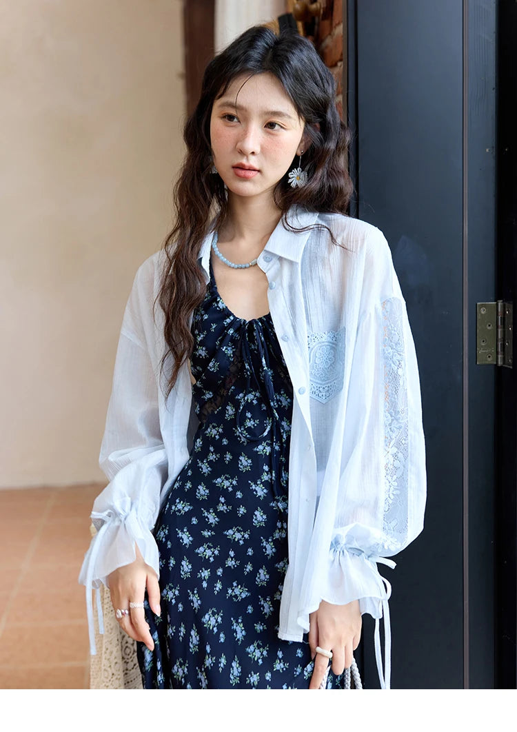 MISHOW Women's Patchwork Lace Shirt Lapel Drop Sleeve Drawstring Cuffs MXE31C0789