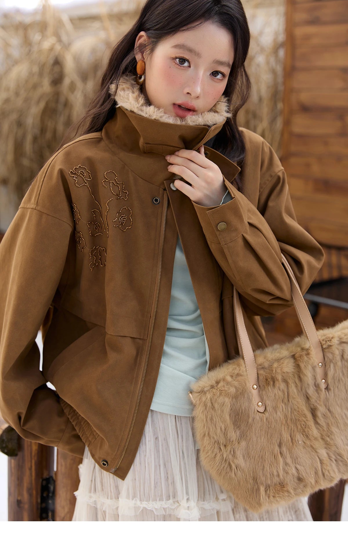 MISHOW Brown Suede Jacket Detachable Fur Collar Zipper MXE51W0876