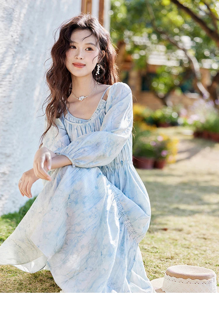 Mishow Blue Floral Chiffon Drawstring Lantern Sleeve Dress MXE16L2114