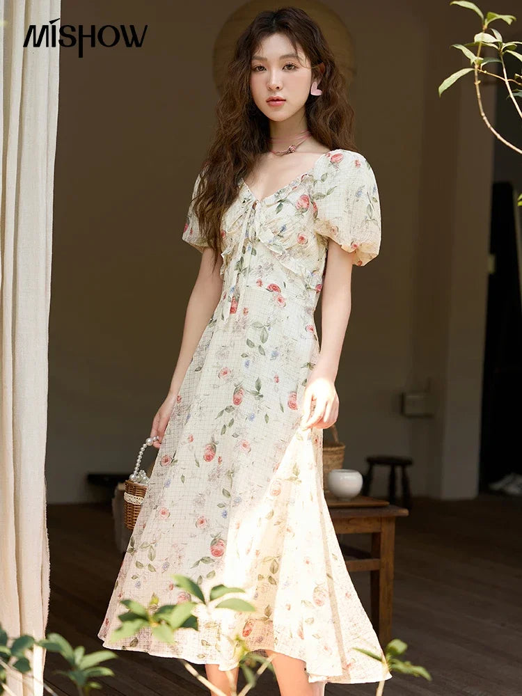 Mishow French A-Line Ruffled V-Neck Puff Sleeve Dress MXC33L1465