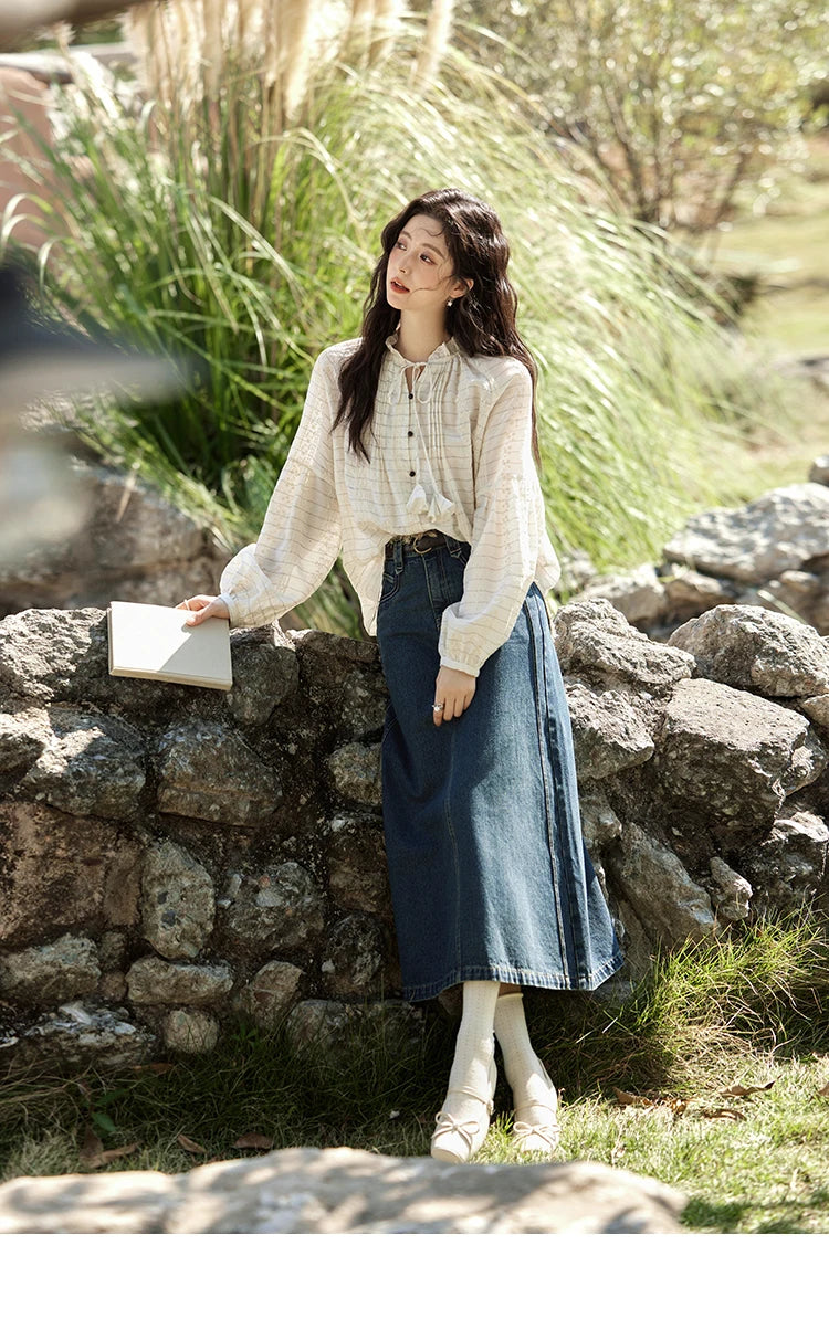 MISHOW French Striped Blouse Lace Collar Chiffon MXE12C0387