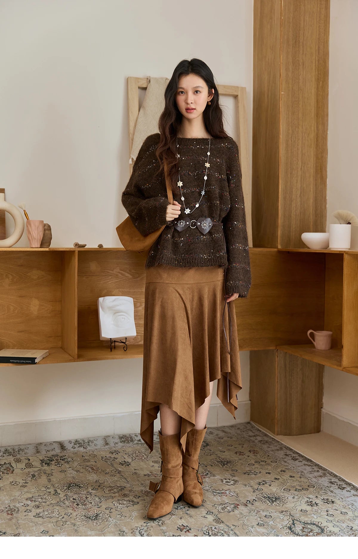 Mishow Brown Chrysanthemum Yarn Round Neck Sweater MXE47Z2574