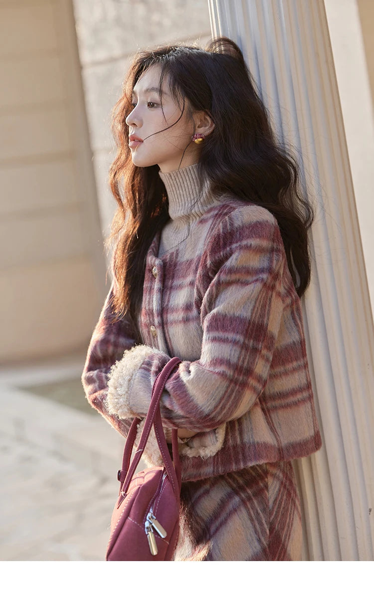 Mishow Plaid Tweed Jacket & Midi Skirt Set MXD54W0562