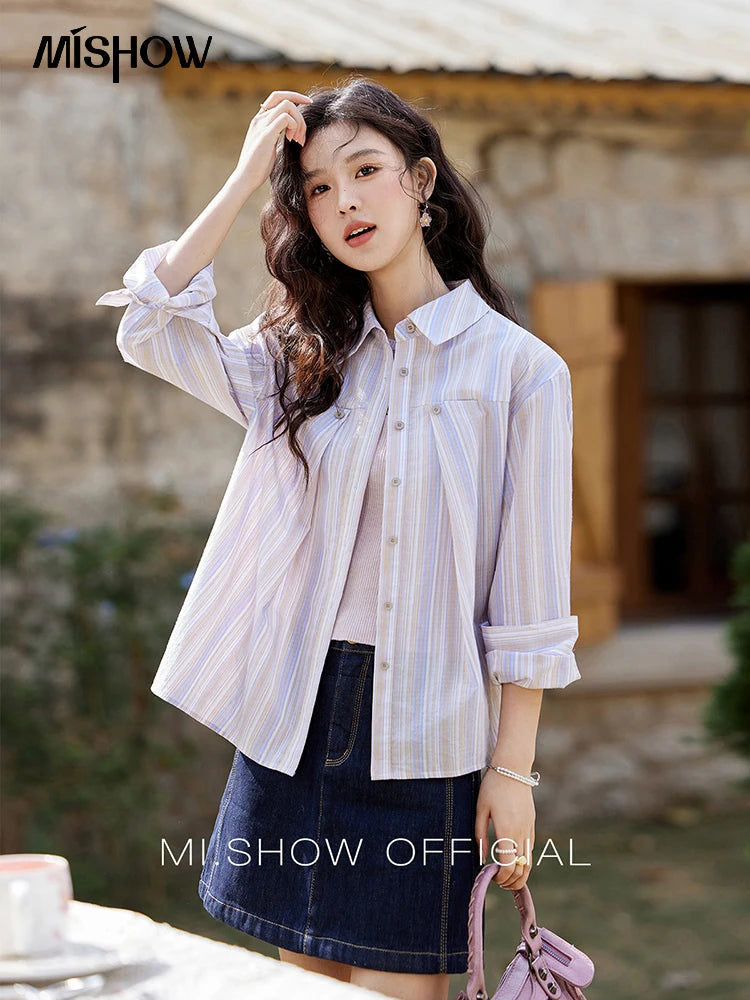 MISHOW Purple Striped Loose Shirt Turn-Down Collar MXE13C0407