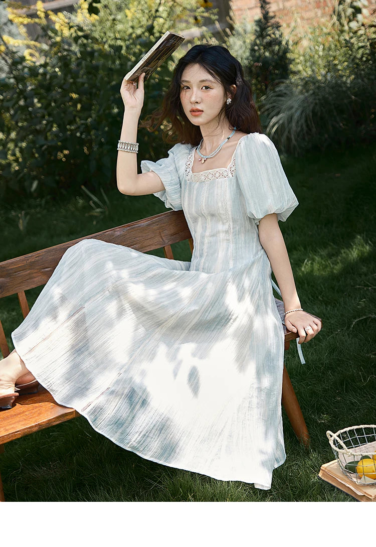 Mishow Striped Square Neck Lace Hollow Dress MXE39L2403