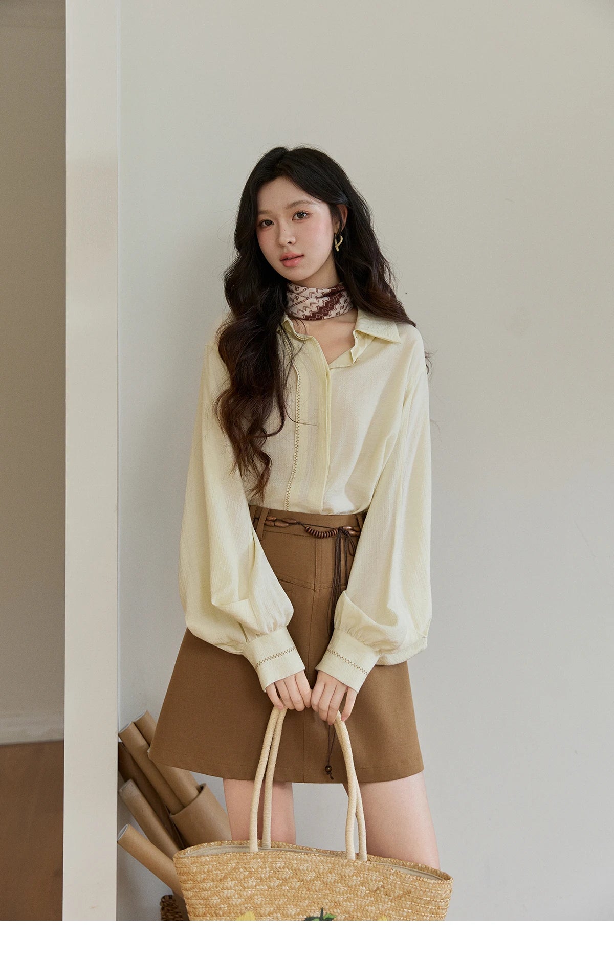 MISHOW Lapel Lantern Sleeve Shirt Lace Trim Loose MXF13C2436