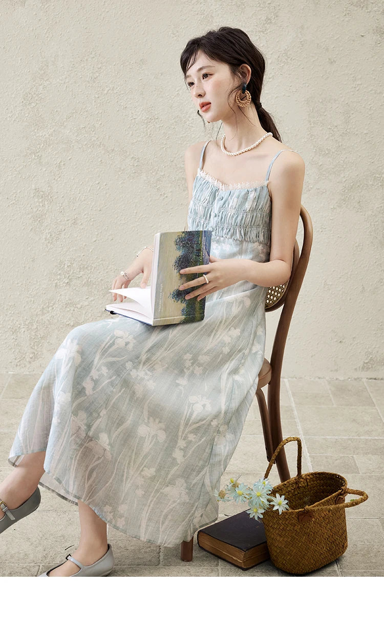 Mishow Print Square Collar Sleeveless Suspender Dress MXE16L2127