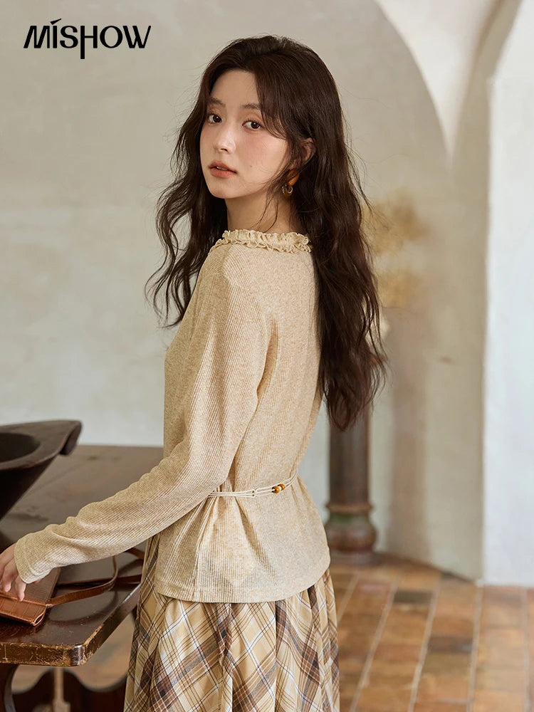 Mishow Apricot Ramie Knit Bohemian Belt Top MXE42Z1324