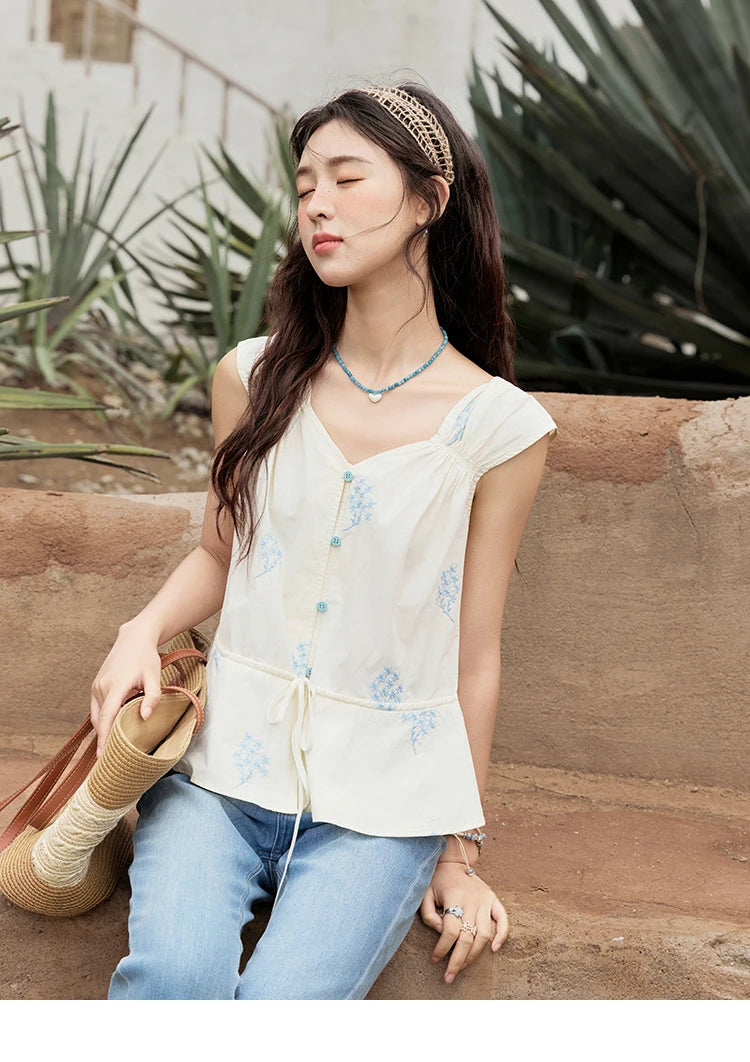 MISHOW Print Sleeveless V-Neck Blouse Blue Flower Cotton MXE32X1777