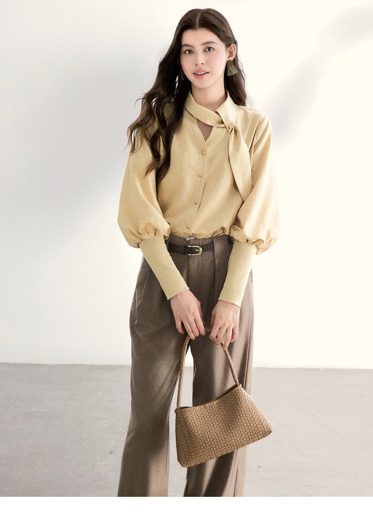 MISHOW Women's Tie Neck Shirt Hollow Out Knitted Patchwork Puff Sleeve MXF108C0812