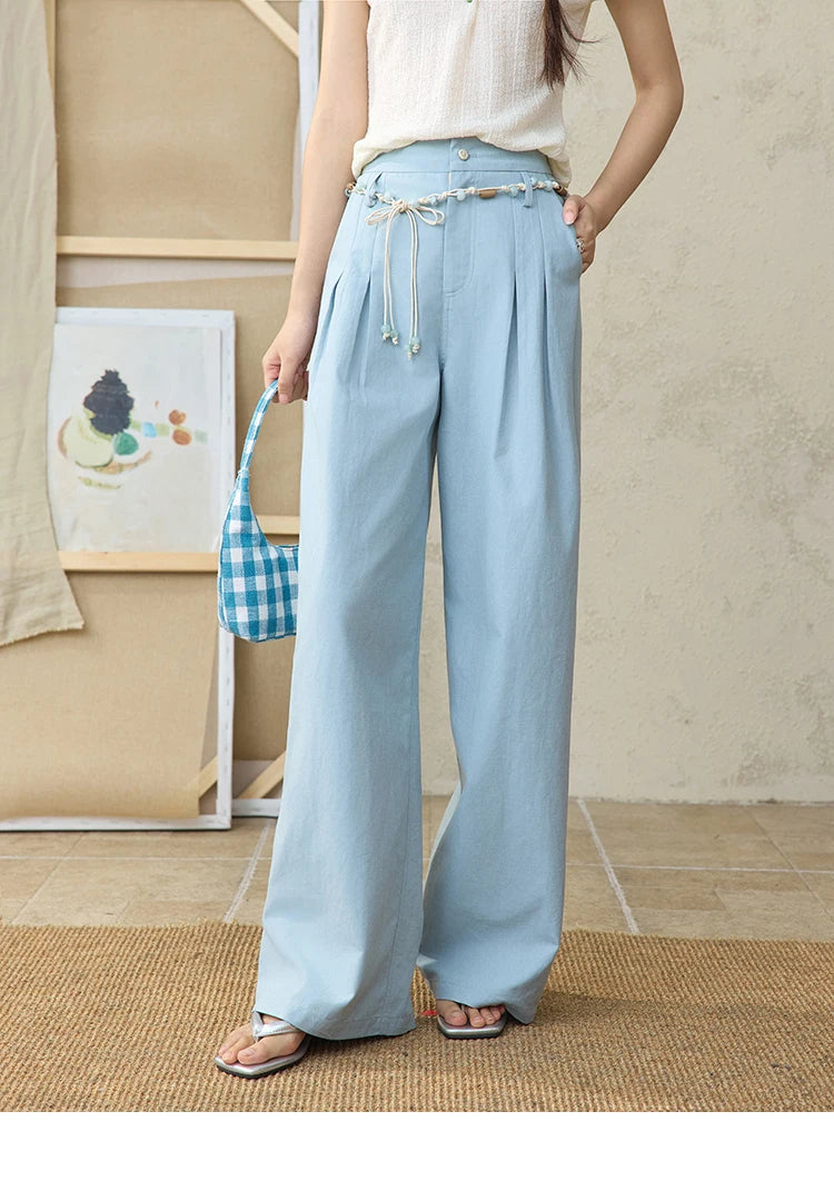 MISHOW Sea Salt Blue Wide Leg Pants Contrasting Bead Belt MXE35K0931
