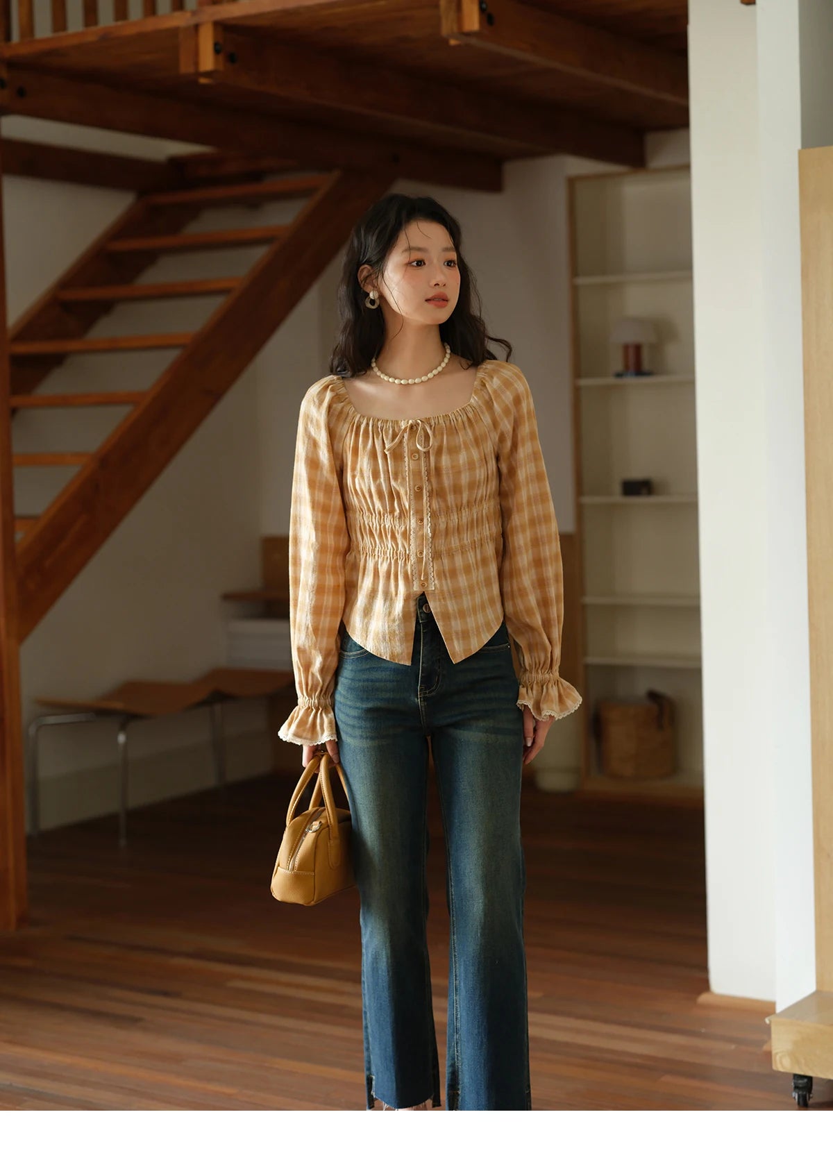 MISHOW Yellow Plaid Blouse Square Neck Puff Sleeve MXE43X1986