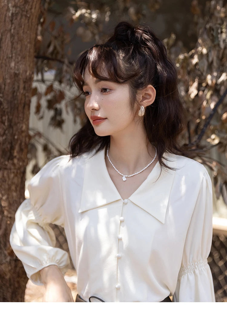 MISHOW Vintage French Lantern Sleeve Blouse Turndown Collar MXB32C0508
