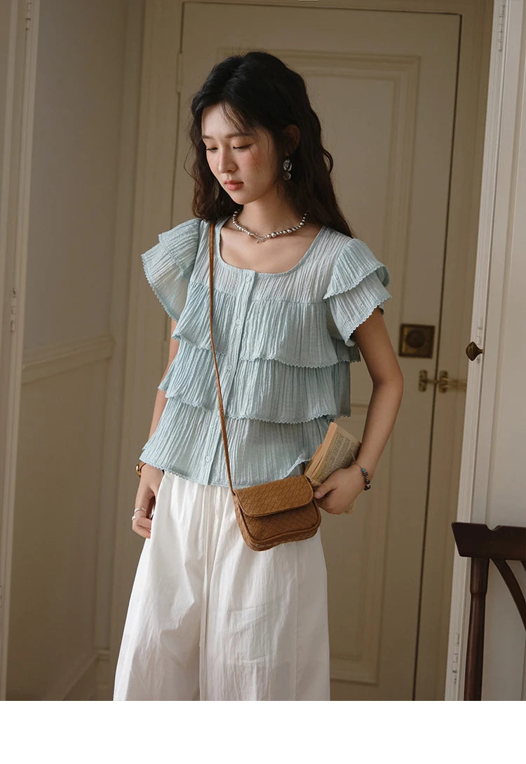 MISHOW Butterfly Sleeve Chiffon Shirt Square Neck Button MXD30X1488