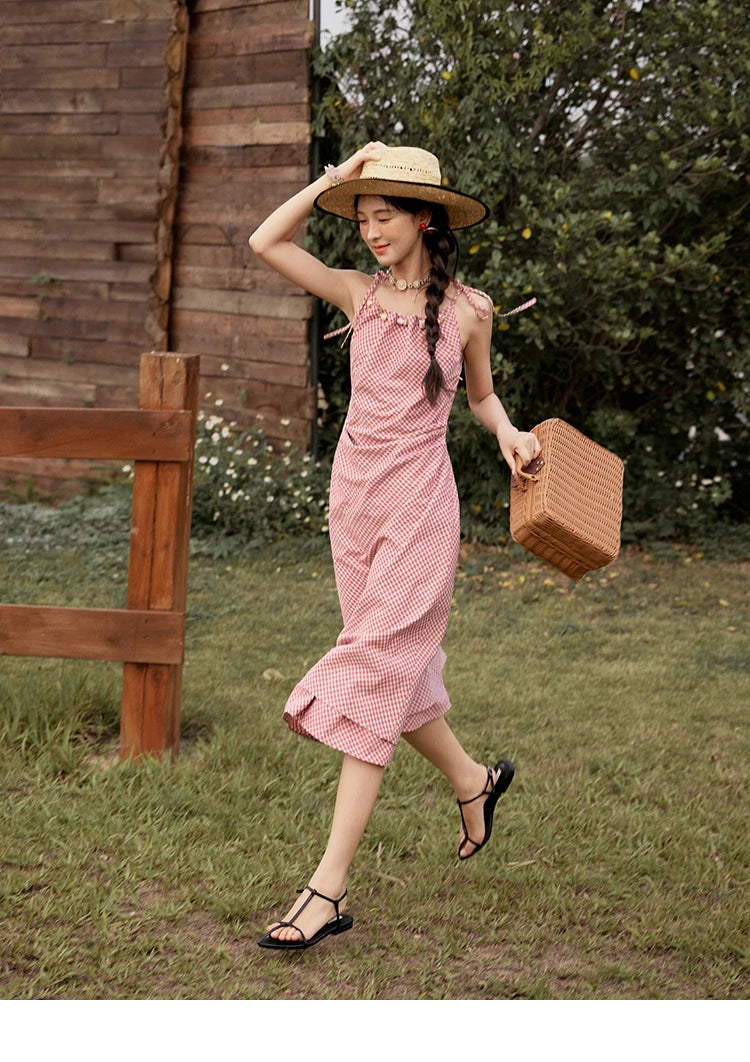 Mishow Red Plaid Sleeveless Elastic Waist Dress MXE32L2198