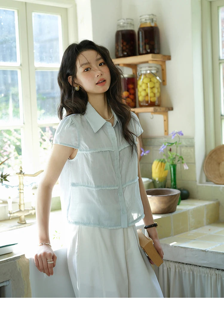 MISHOW Turn-Down Collar Button Shirt Edge Splicing Short Sleeve MXE39C2363