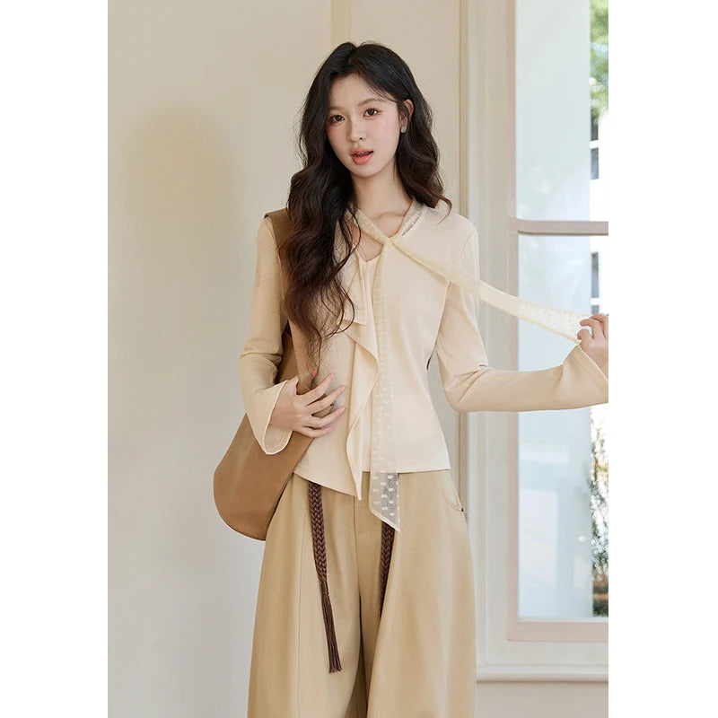 Mishow V-Neck Lace Ribbon Flare Sleeve Top MXF108Z1016