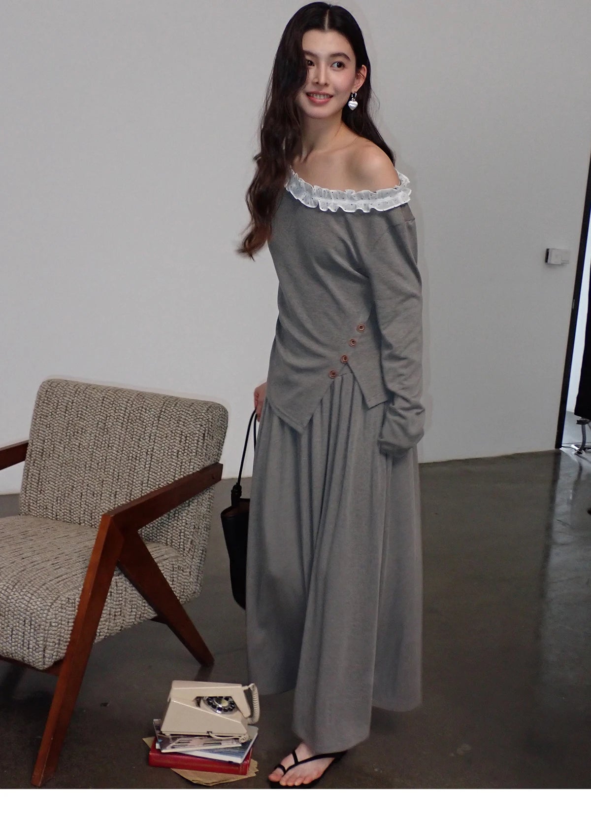 Mishow Grey Off-Shoulder Lace Trim Top & Maxi Skirt Set MXF13T1479