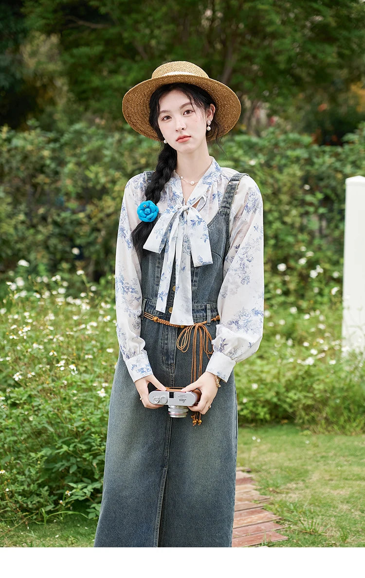 MISHOW Retro Denim Strap Pocket Midi Dress MXD14L1817