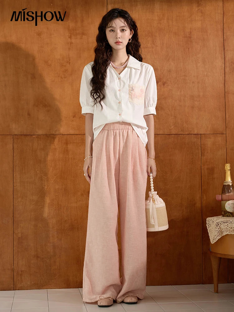 MISHOW Cotton Short Sleeve Shirt Embroidered Pocket Puff Sleeve MXD26C0243