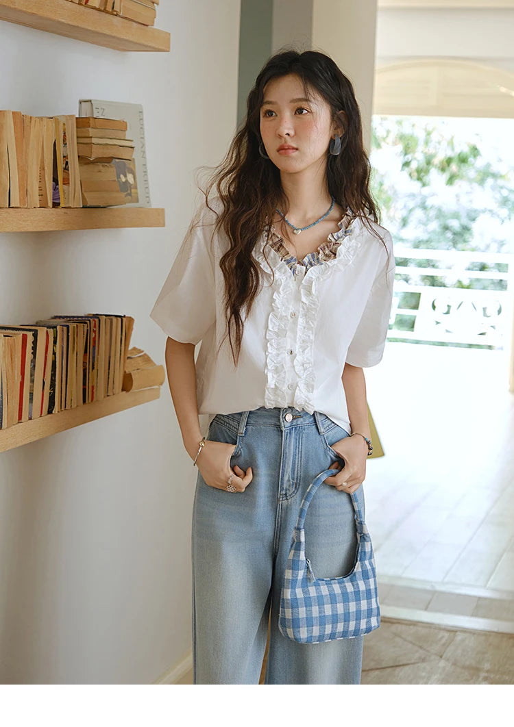 MISHOW V-Neck Shirt Patchwork Double Layer Fungus Edge Button MXE35X1793