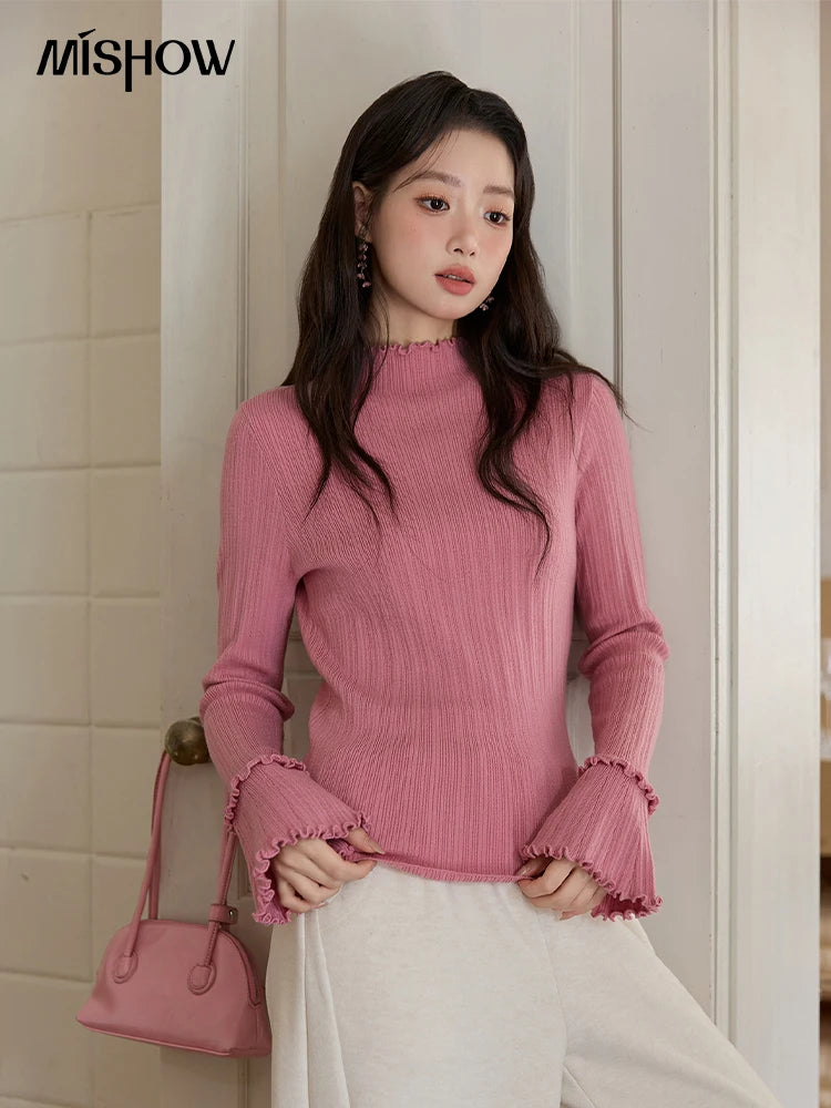 Mishow Turtleneck Wood Ear Trumpet Sleeve Top MXE51Z2552