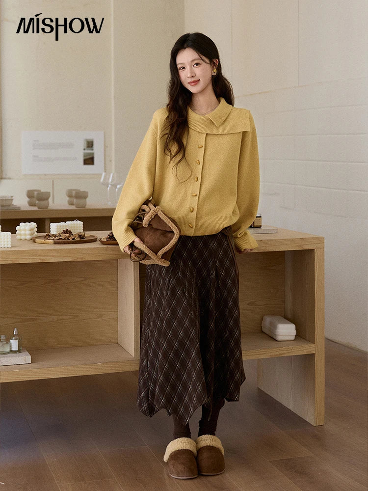 Mishow Mustard Yellow Asymmetric Collar Dropped Sleeve Cardigan MXE93Z2936