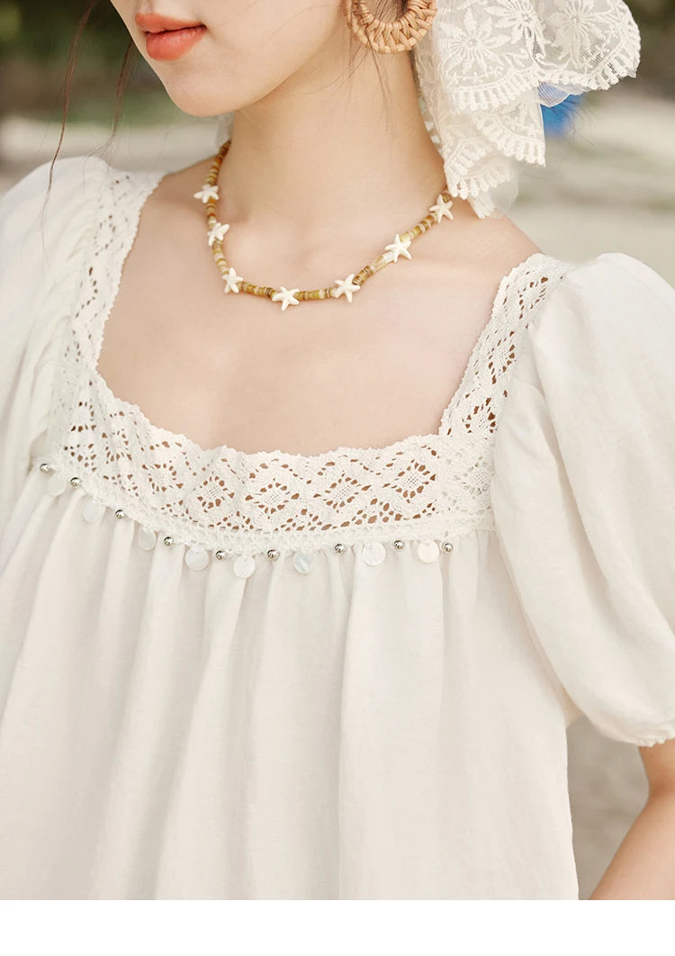 MISHOW Square Collar Puff Sleeve Blouse Lace Splicing MXE32X1780
