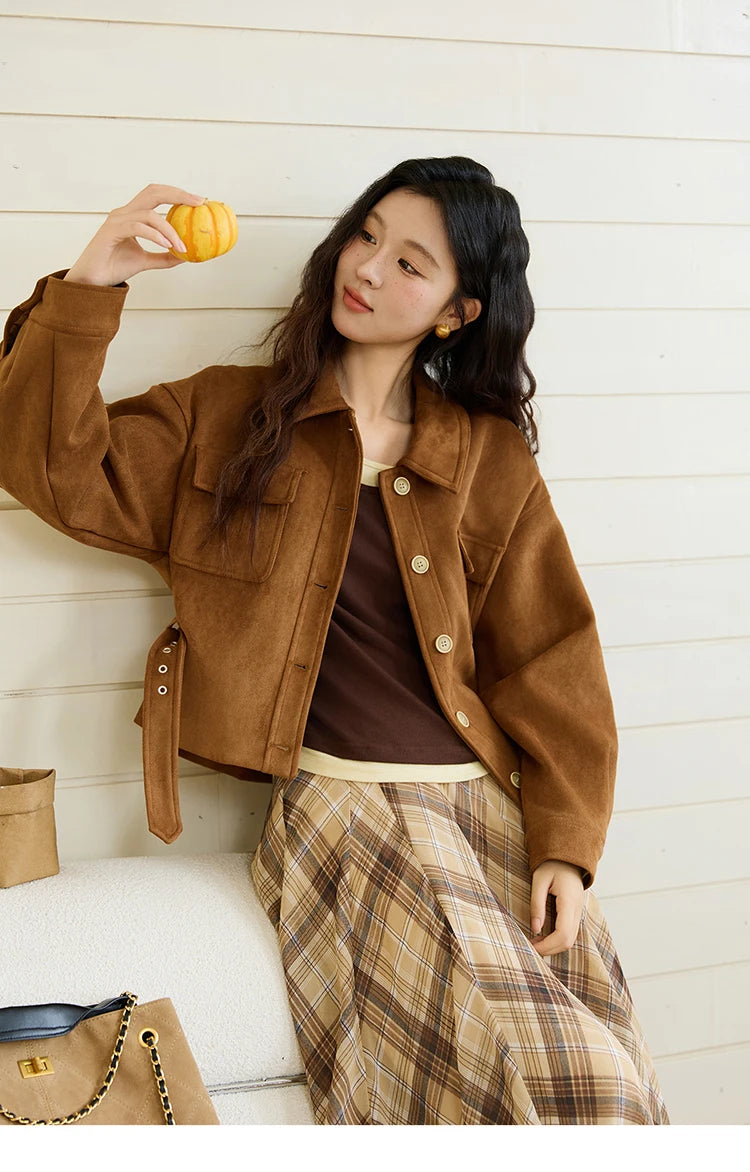 MISHOW Brown Lapel Jacket Metal Button Decorated Windproof MXE46W0864