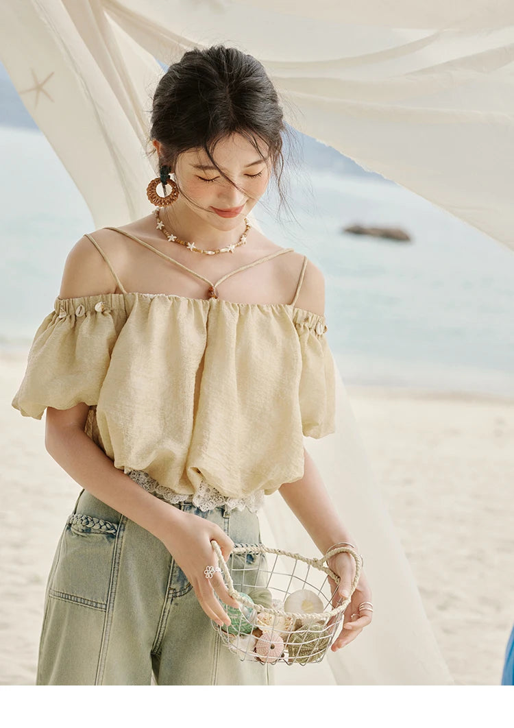 MISHOW French Camisole Shirt Off-Shoulder Lace Puff Sleeve MXE33X1755