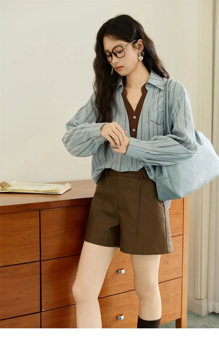 MISHOW Peach Skin Velvet Stripe Shirt Double Layered Collar MXE47C2408