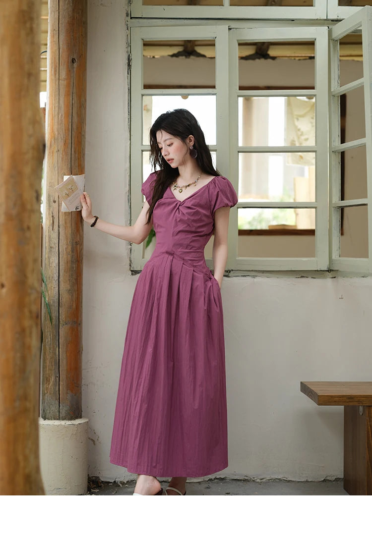 Mishow V-Neck Puff Sleeve Solid Vacation Dress MXE39L2384