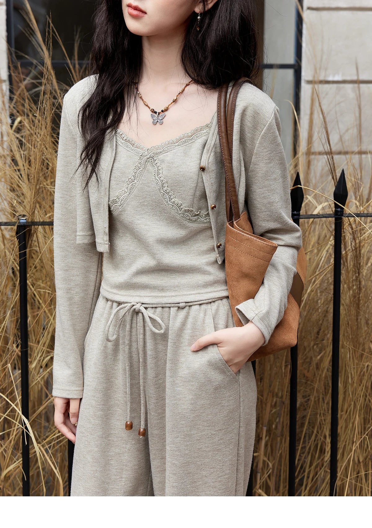 Mishow French Lace Splicing Camisole Cardigan & Straight Pants Set MXD47T0405