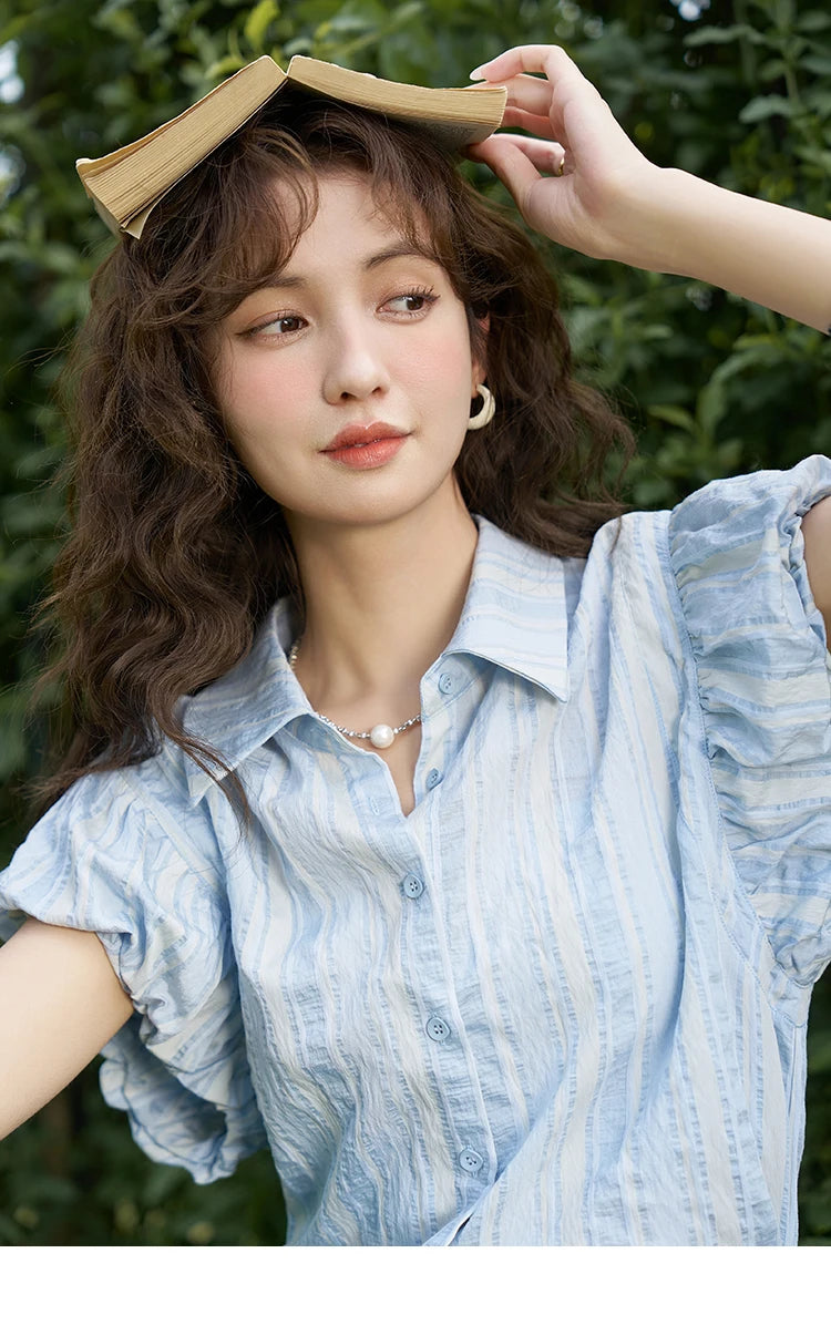 MISHOW Blue Striped Shirt Bubble Sleeves with Tube Top MXD24C0204