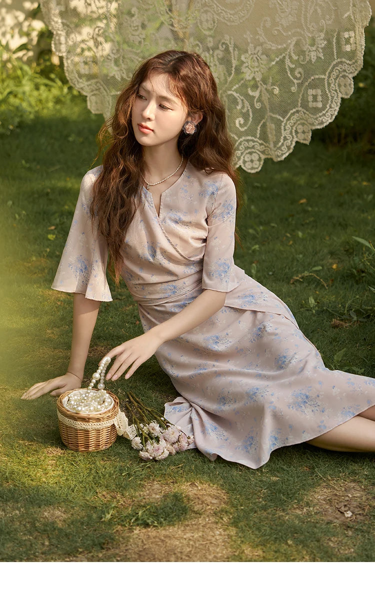 Mishow French Floral Puff Sleeve Lace-Up Dress MXC38L1413