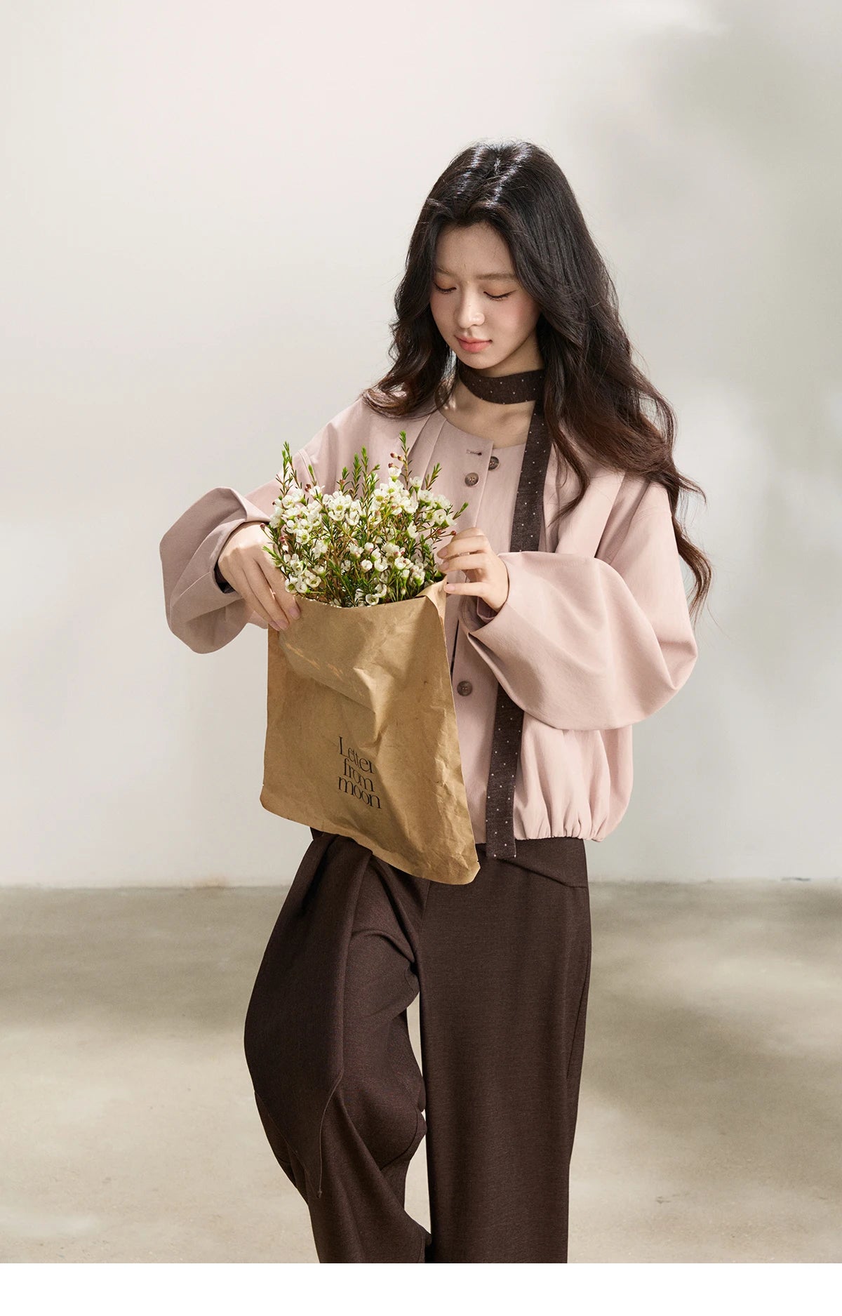 MISHOW Pink Flower Bud Leather Jacket Crew Neck Single-Breasted MXF108W1001