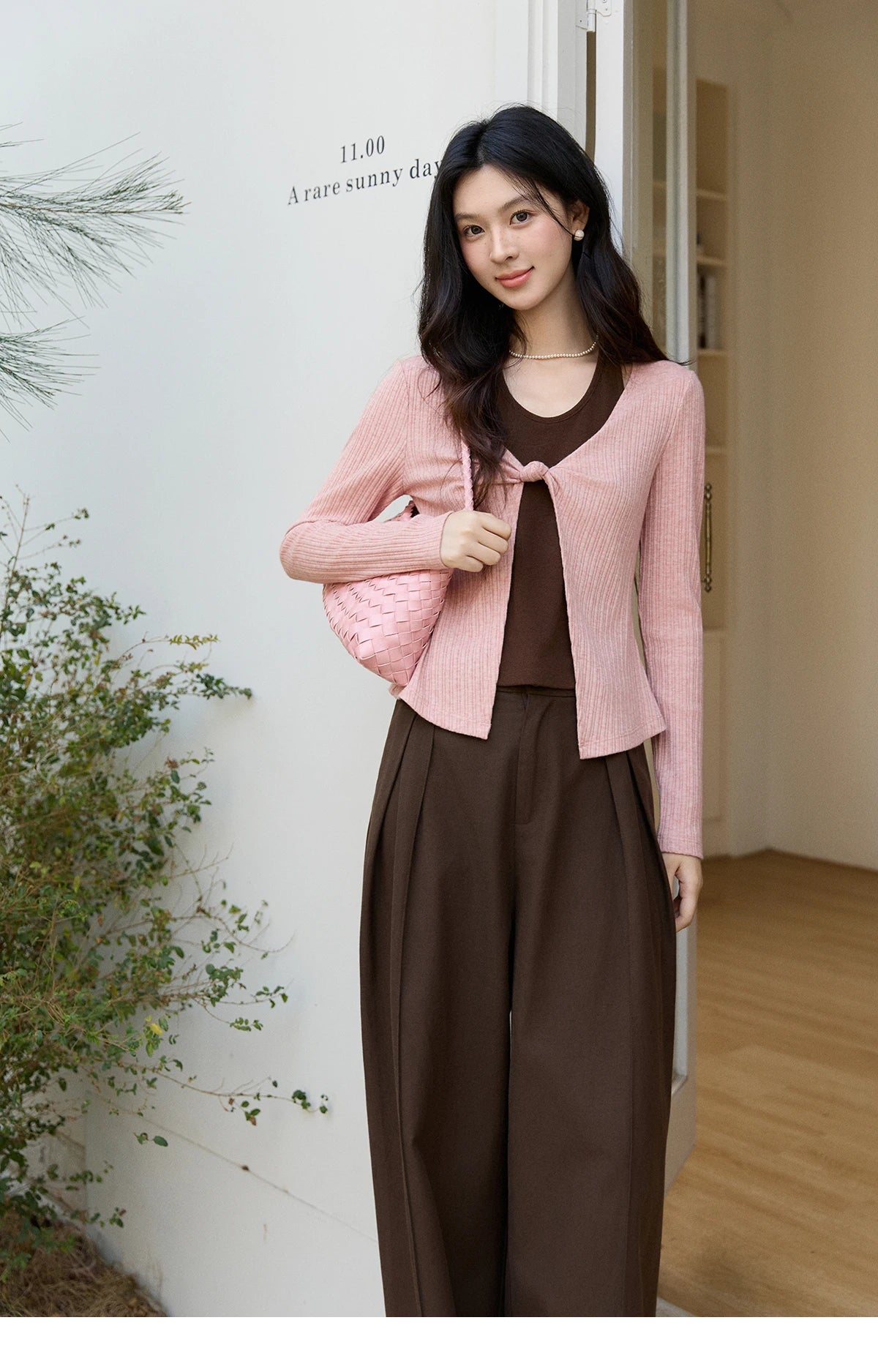 Mishow Pink Brown Fake Two-Piece Knot Front Top MXF11Z2912