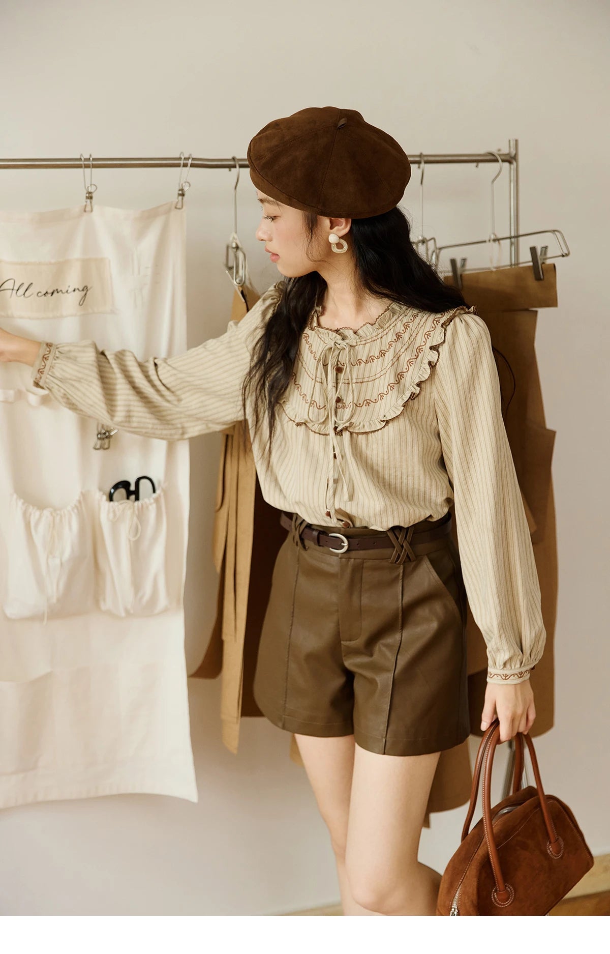 MISHOW Striped Shirt Wood Ear Edge Round Neck Embroidery MXE46X2492