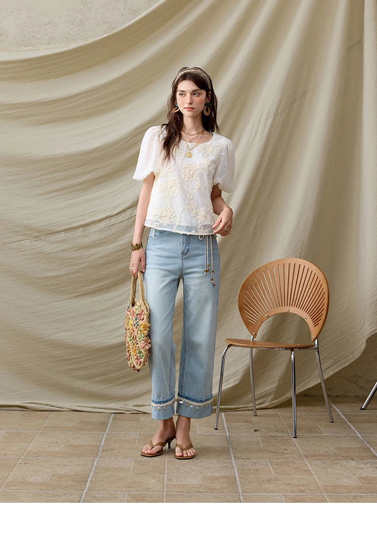 MISHOW Short Puff Sleeve Blouse Round Neck Jacquard MXE32X1772