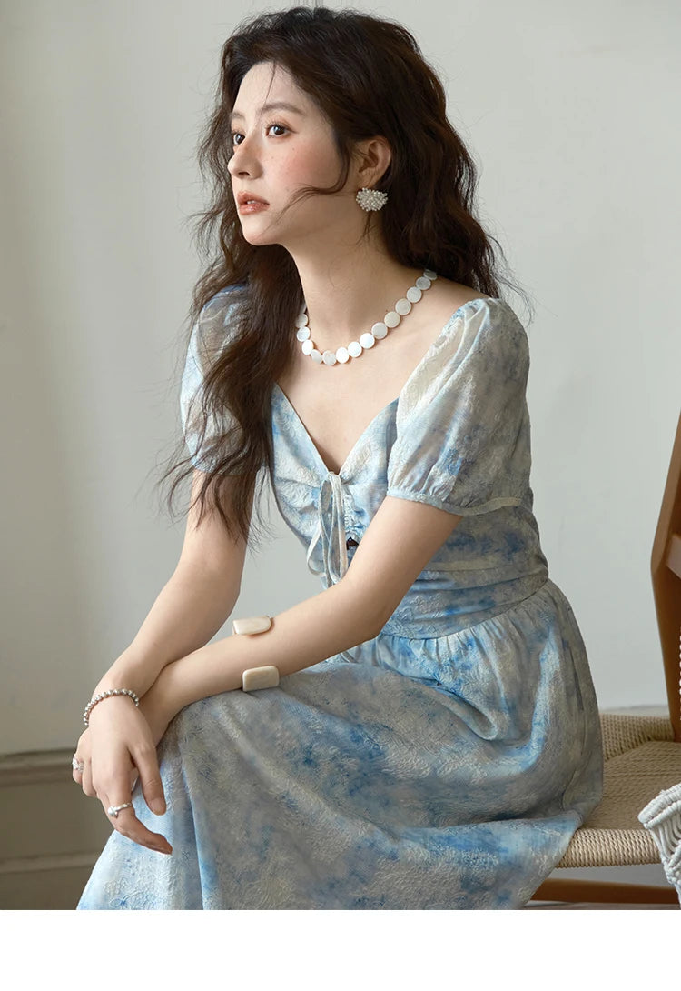 Mishow V-Neck Lace-Up Puff Sleeve Flower Dress MXE38L2379