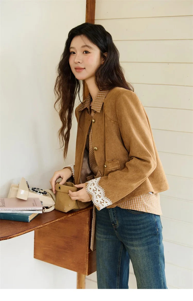 MISHOW Fragrant Suede Jacket Cuffs Hollowed Out Lace Metal Button MXE46W0839