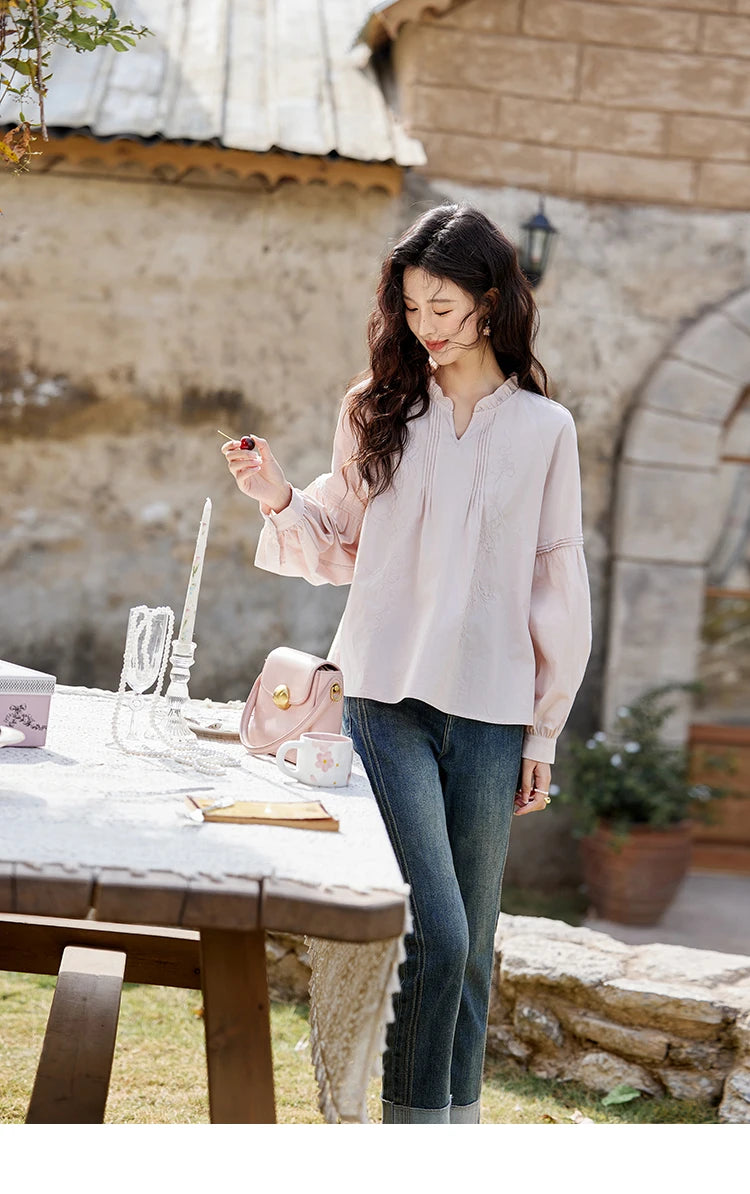 MISHOW Pink Cotton Ruffled Blouse Loose Long Sleeve MXE13X1699