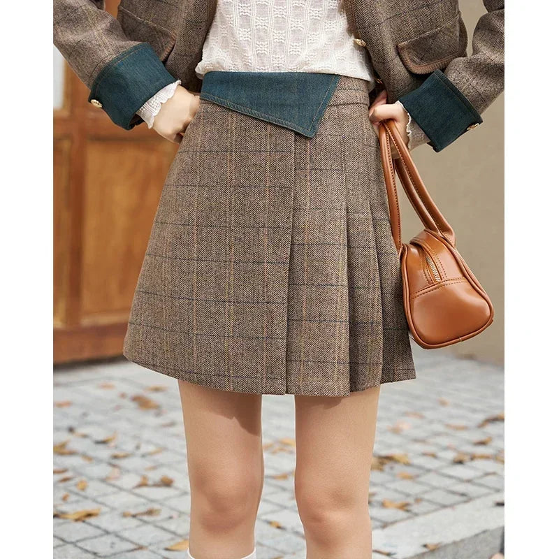 Mishow Fashion Retro Plaid Wool Jacket & Half Pleated Skirt Set MXC47W0154
