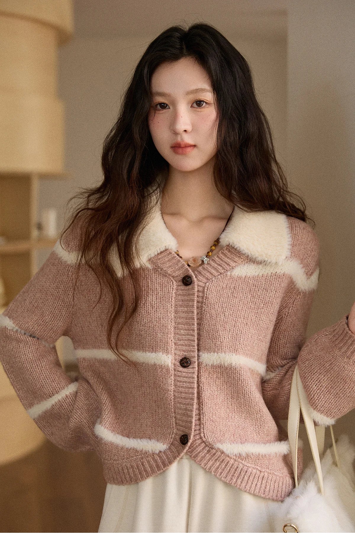 Mishow Faux Mink Turn-Down Collar Striped Cardigan MXE89Z2668