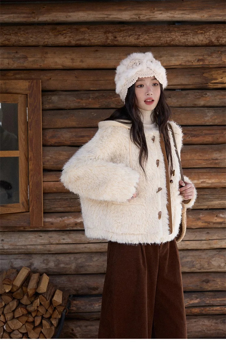 MISHOW Beige Knitted Hooded Plush Coat Warm Windproof MXE86W0908