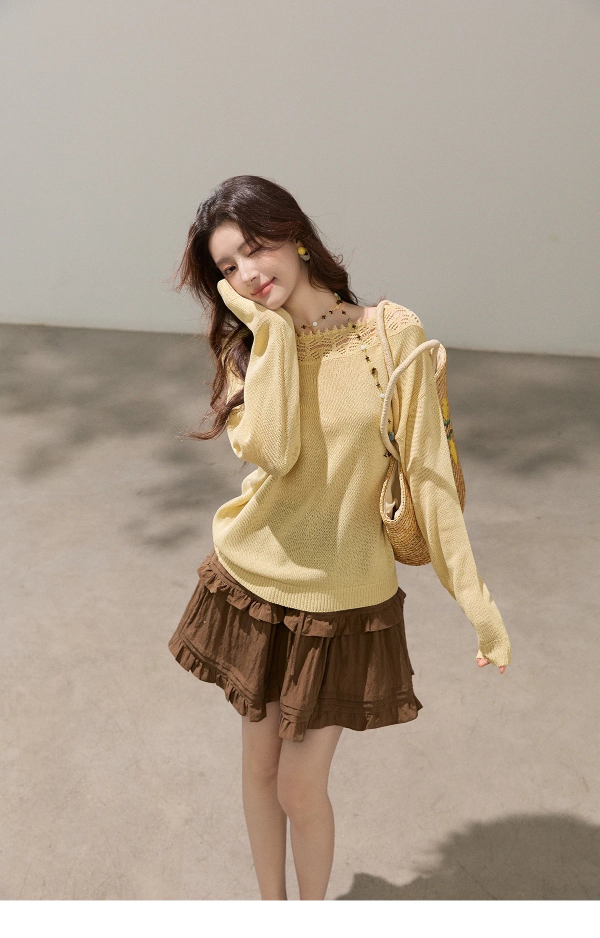 Mishow Yellow Hollow Lace Trim Boat Neck Sweater MXF15Z3050