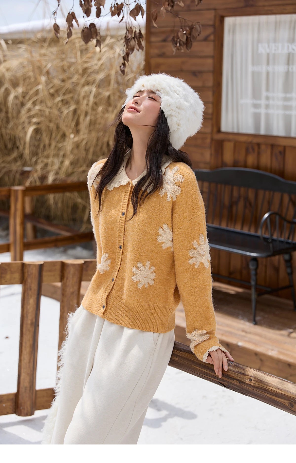 Mishow Yellow Retro Jacquard Turn-Down Collar Cardigan MXE88Z2691
