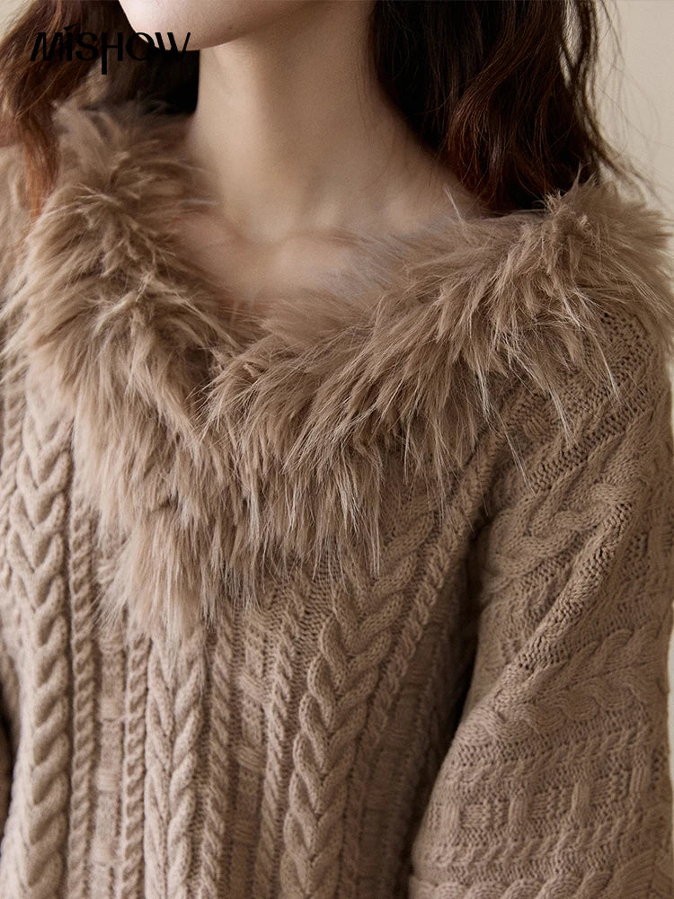 Mishow Faux Fur Collar Batwing Cable Knit Pullover MXE94Z2985