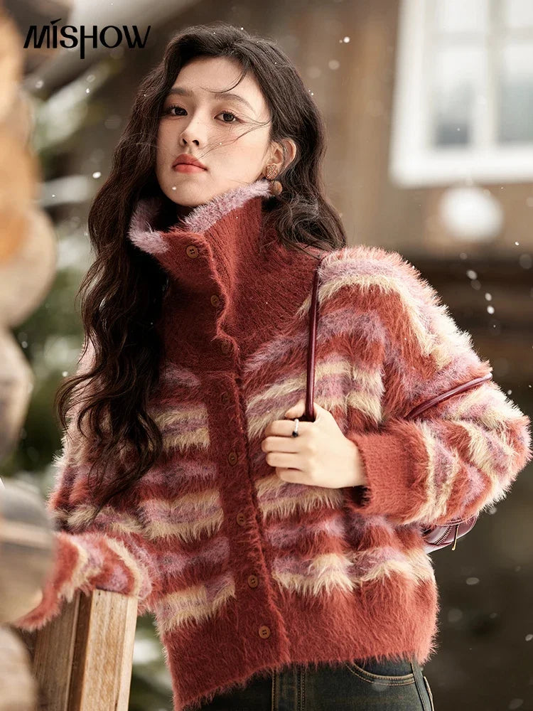 Mishow Red Striped Faux Mink Fur Stand Collar Cardigan MXD59Z1005